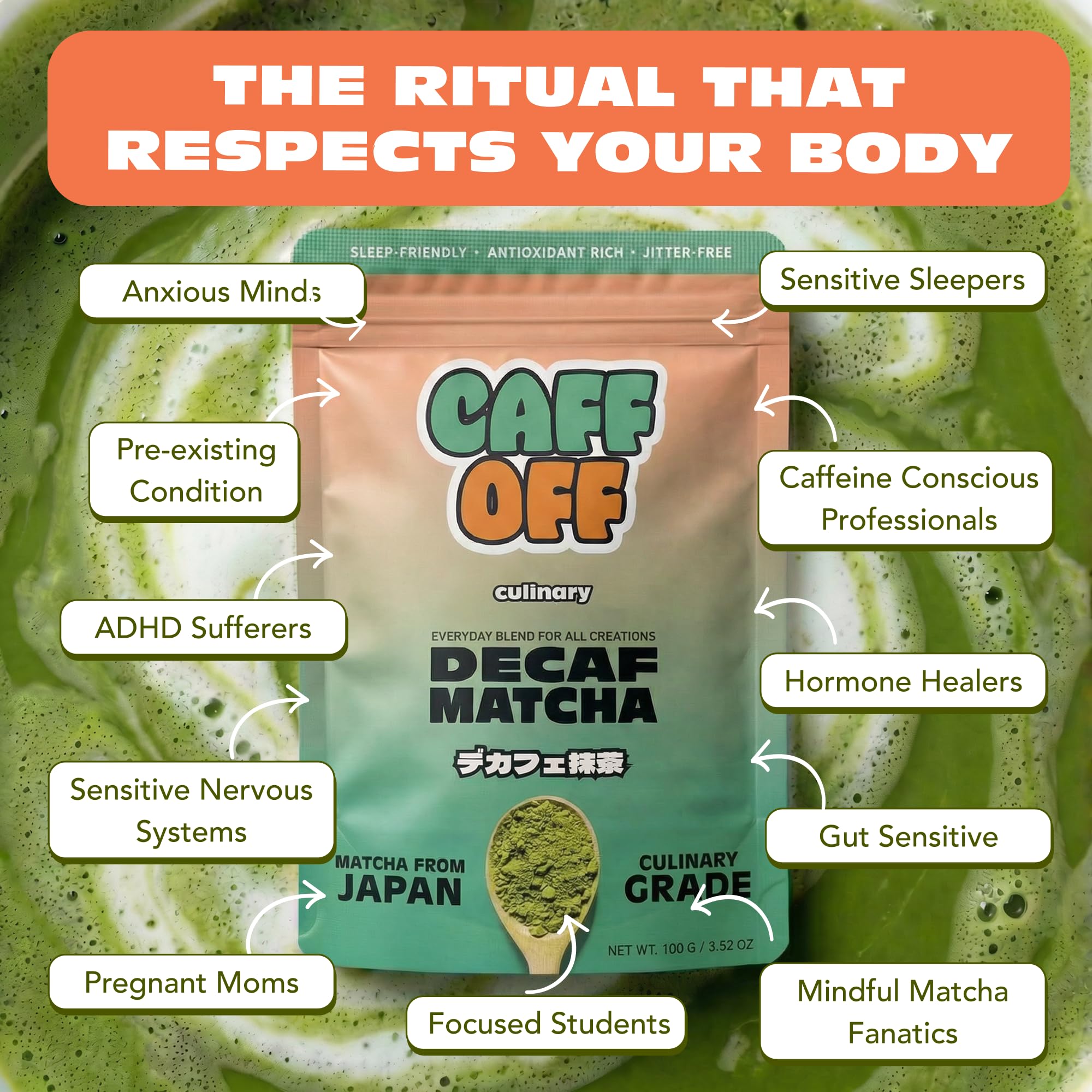 Caff Off latte being poured into cup, showing creamy caffeine-free matcha beverage option
