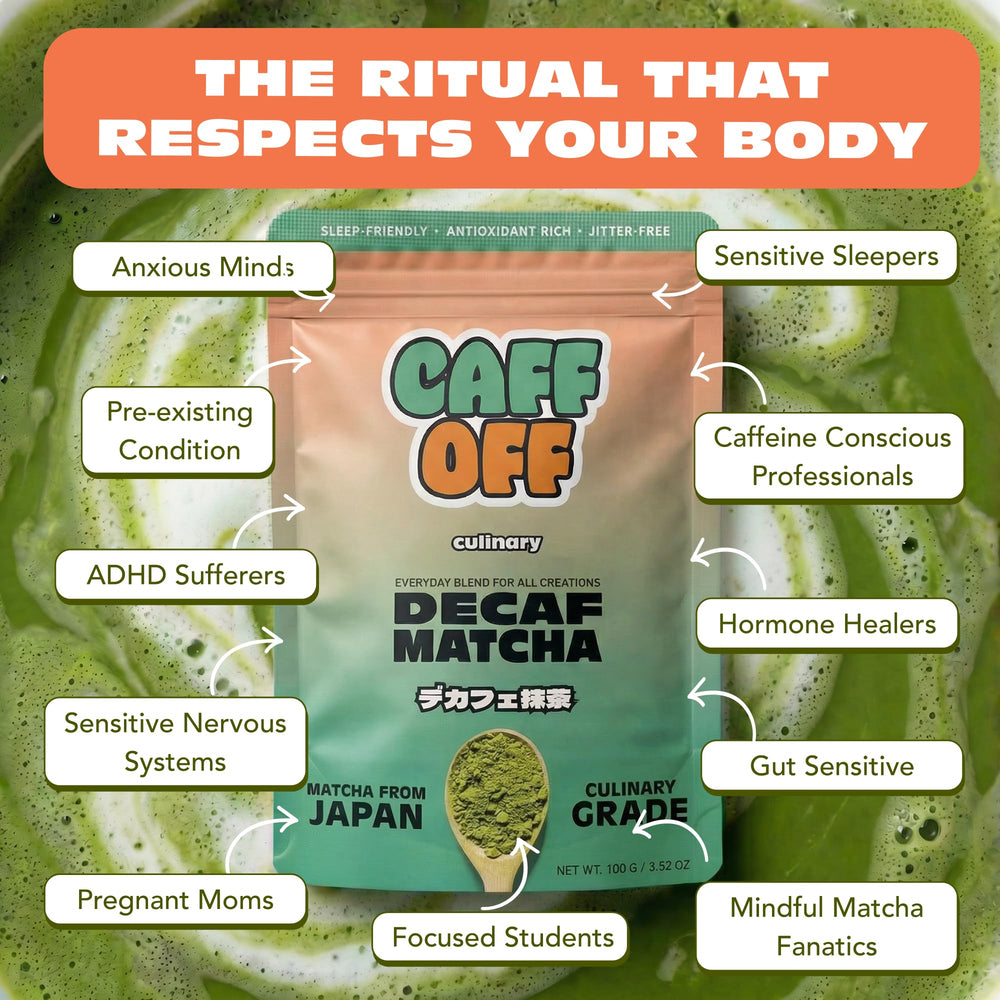 Caff Off latte being poured into cup, showing creamy caffeine-free matcha beverage option