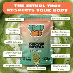 Caff Off latte being poured into cup, showing creamy caffeine-free matcha beverage option