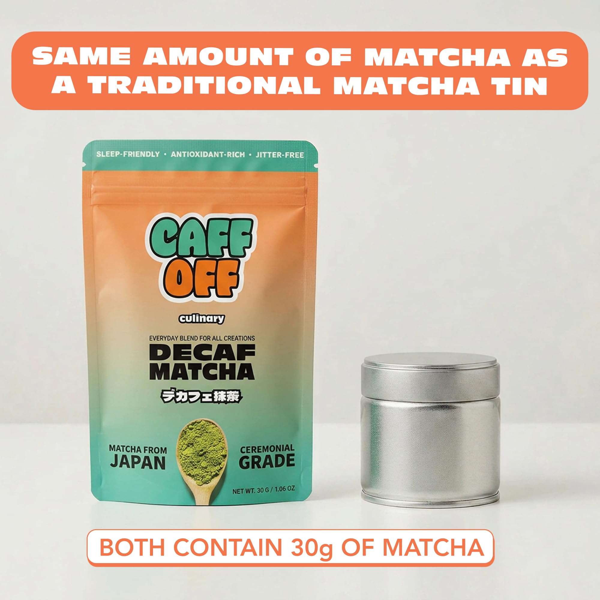 Caff Off matcha powder close-up highlighting fine texture for smooth mixing