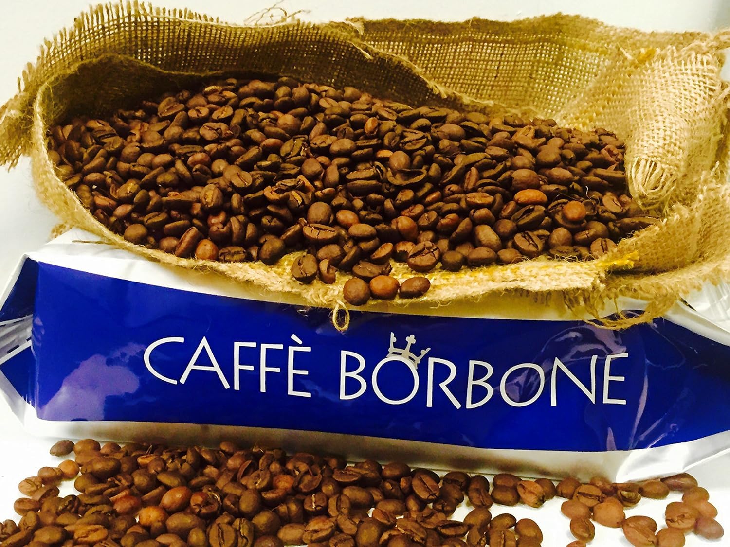 Caffè Borbone bag close-up on roast label, shows dark roast details and quality