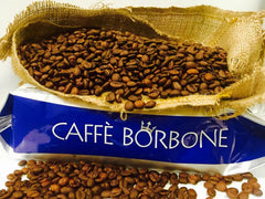 Caffè Borbone bag close-up on roast label, shows dark roast details and quality