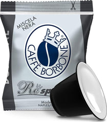 Caffè Borbone front box showing 100 pods and bold black blend benefit