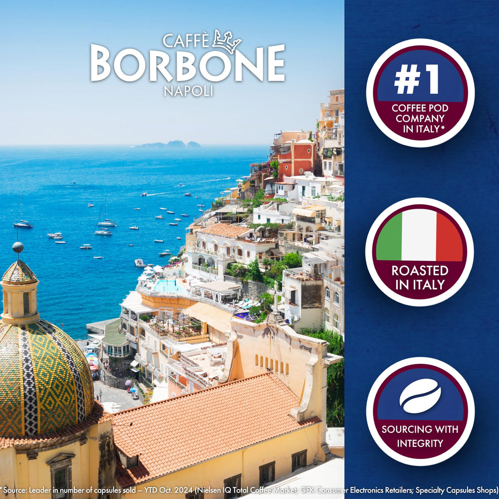 Caffè Borbone roast and blend label close-up showing Arabica and Robusta blend quality