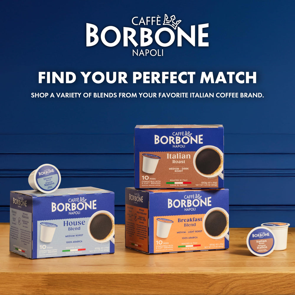 Caffè Borbone lifestyle kitchen setting with cup and box illustrating everyday Italian coffee ritual