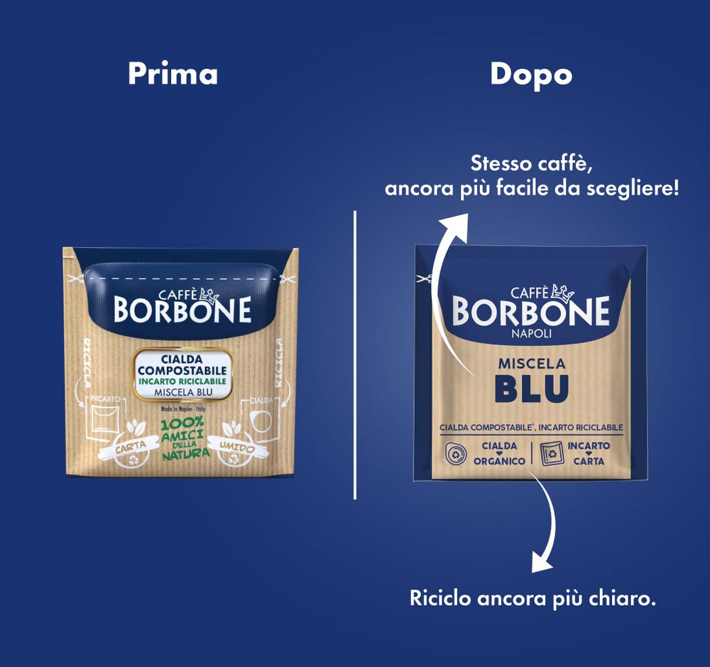 Caffè Borbone pod close-up showing paper puck and easy compostable handling