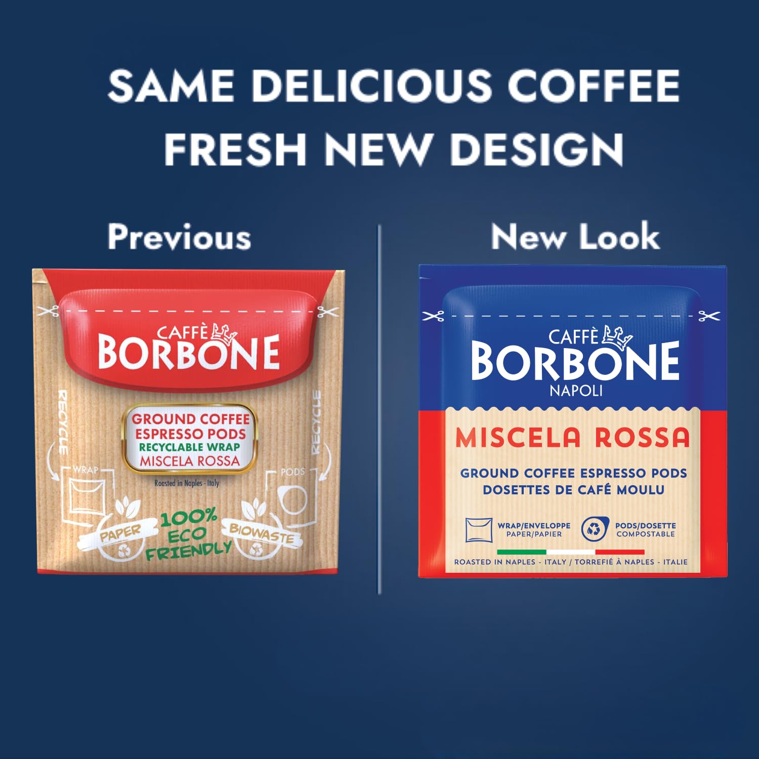 Caffè Borbone pod close-up highlighting paper pod and easy use