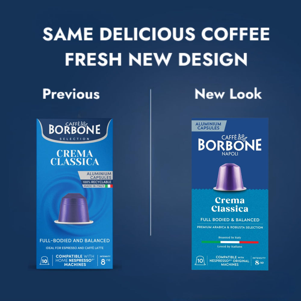 Caffè Borbone next to an espresso cup to show capsule size and single-serve portioning advantage