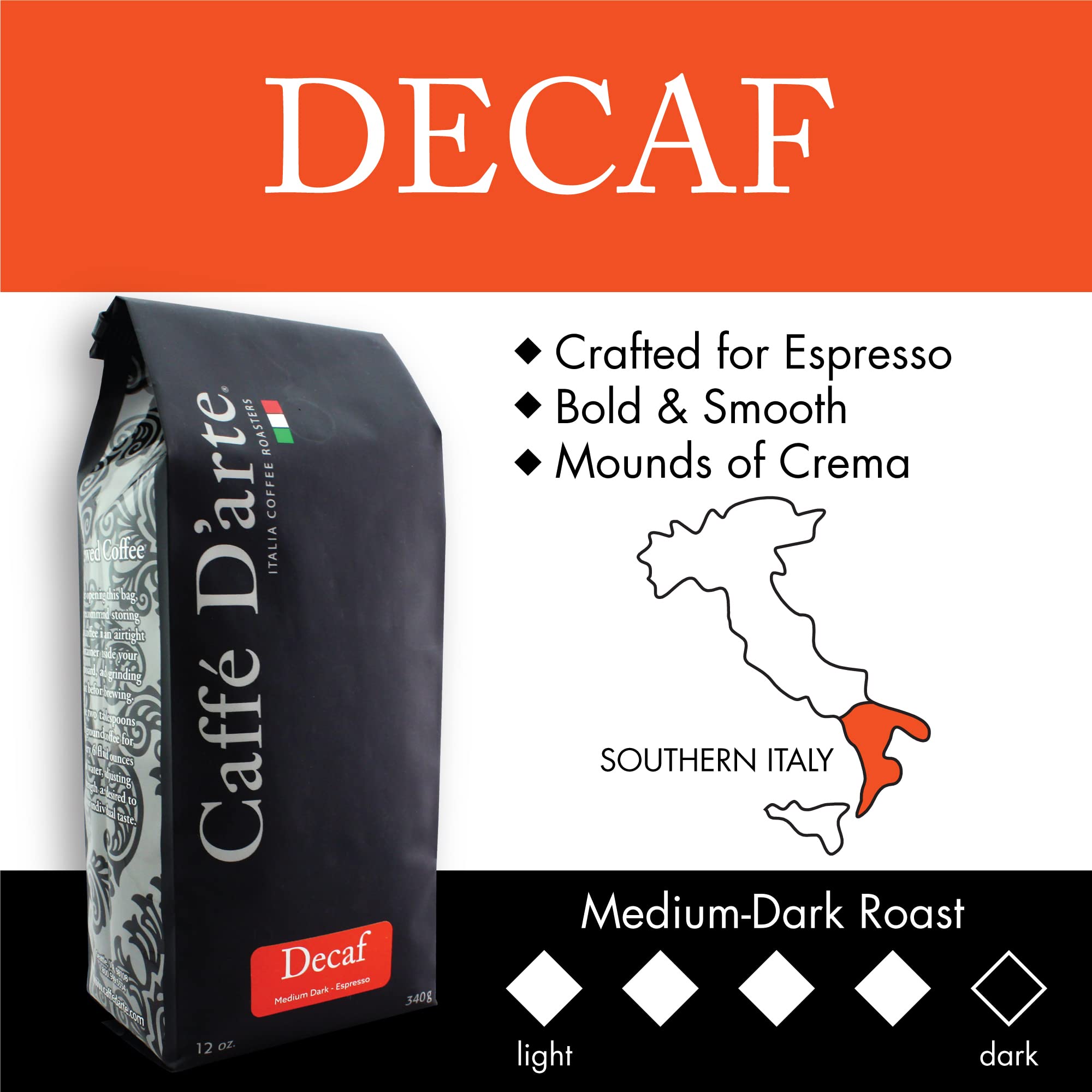 Close-up of Caffe D'arte decaf beans highlighting roast texture and even surface for consistent extraction