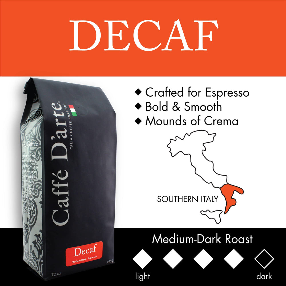 Close-up of Caffe D'arte decaf beans highlighting roast texture and even surface for consistent extraction