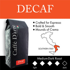 Close-up of Caffe D'arte decaf beans highlighting roast texture and even surface for consistent extraction