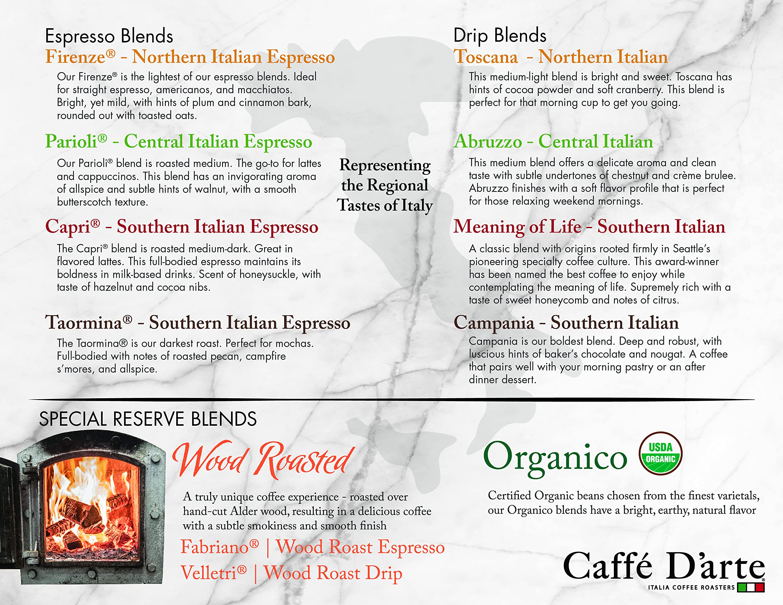 Caffe D'arte espresso shot in a demitasse showing crema and rich color to showcase smooth body