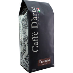Caffe D'arte front packaging showing 12 oz bag and brand, highlights freshness benefit