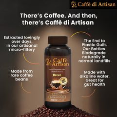 Caffè di Artisan bottle beside a glass to show 215 ml scale and portability benefit