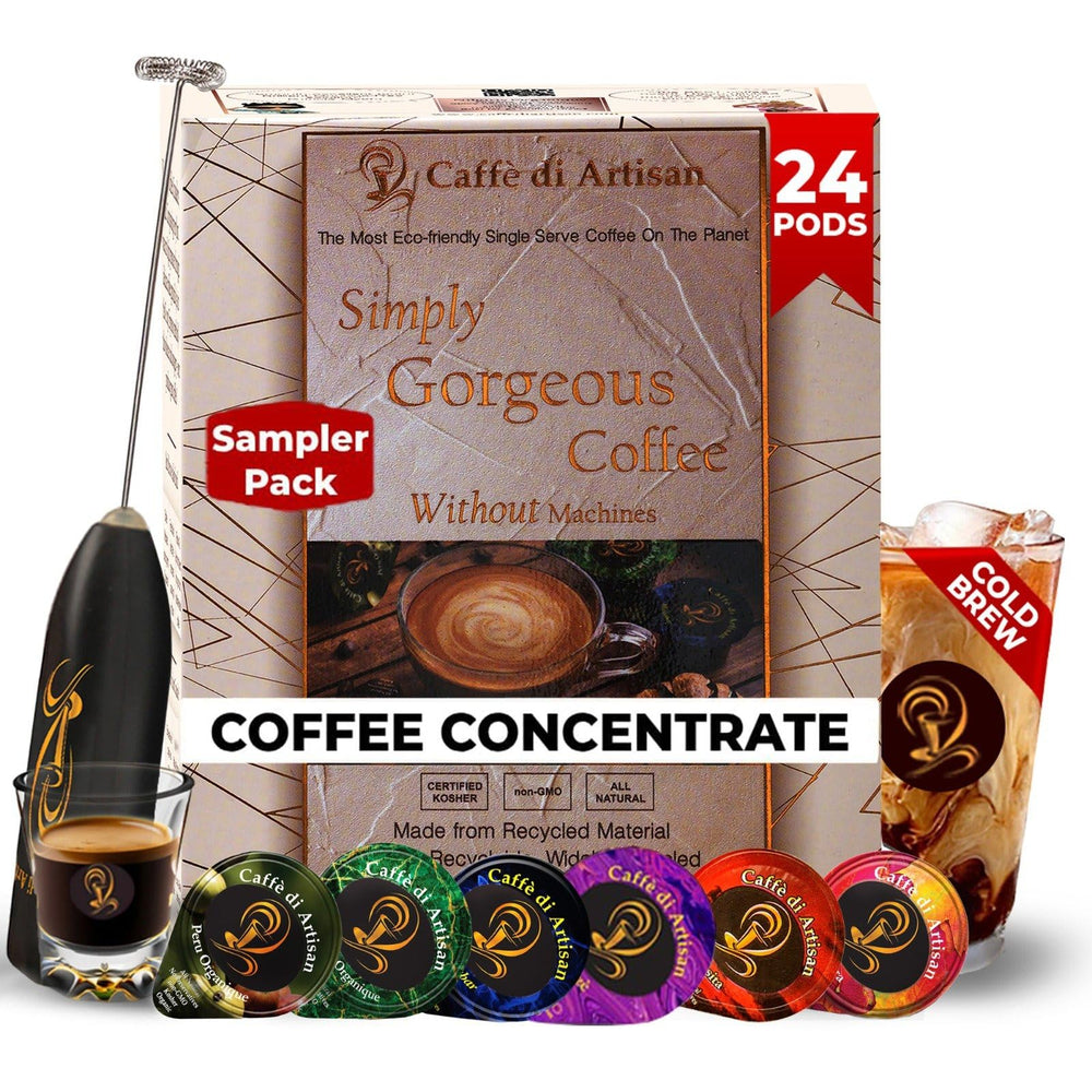 Caffè di Artisan front packaging showing 24-count sampler and branding, highlighting convenience