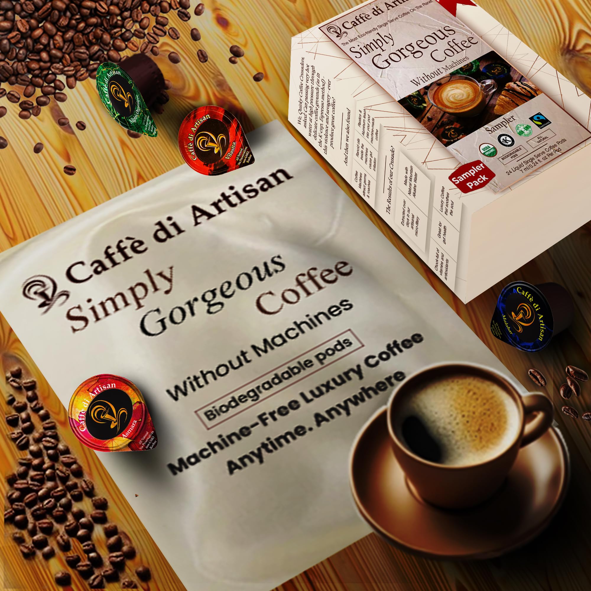 Caffè di Artisan ingredient label close-up showing Arabica and preservative-free benefits
