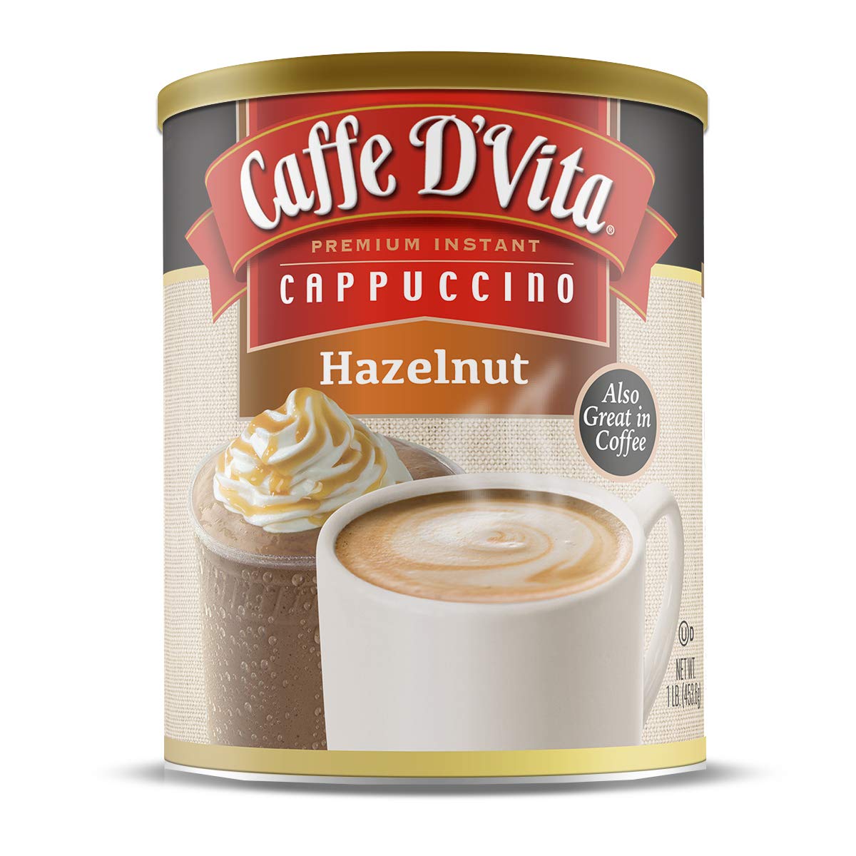 Caffe D'Vita 1 lb can front view showing packaging and serving suggestion benefit
