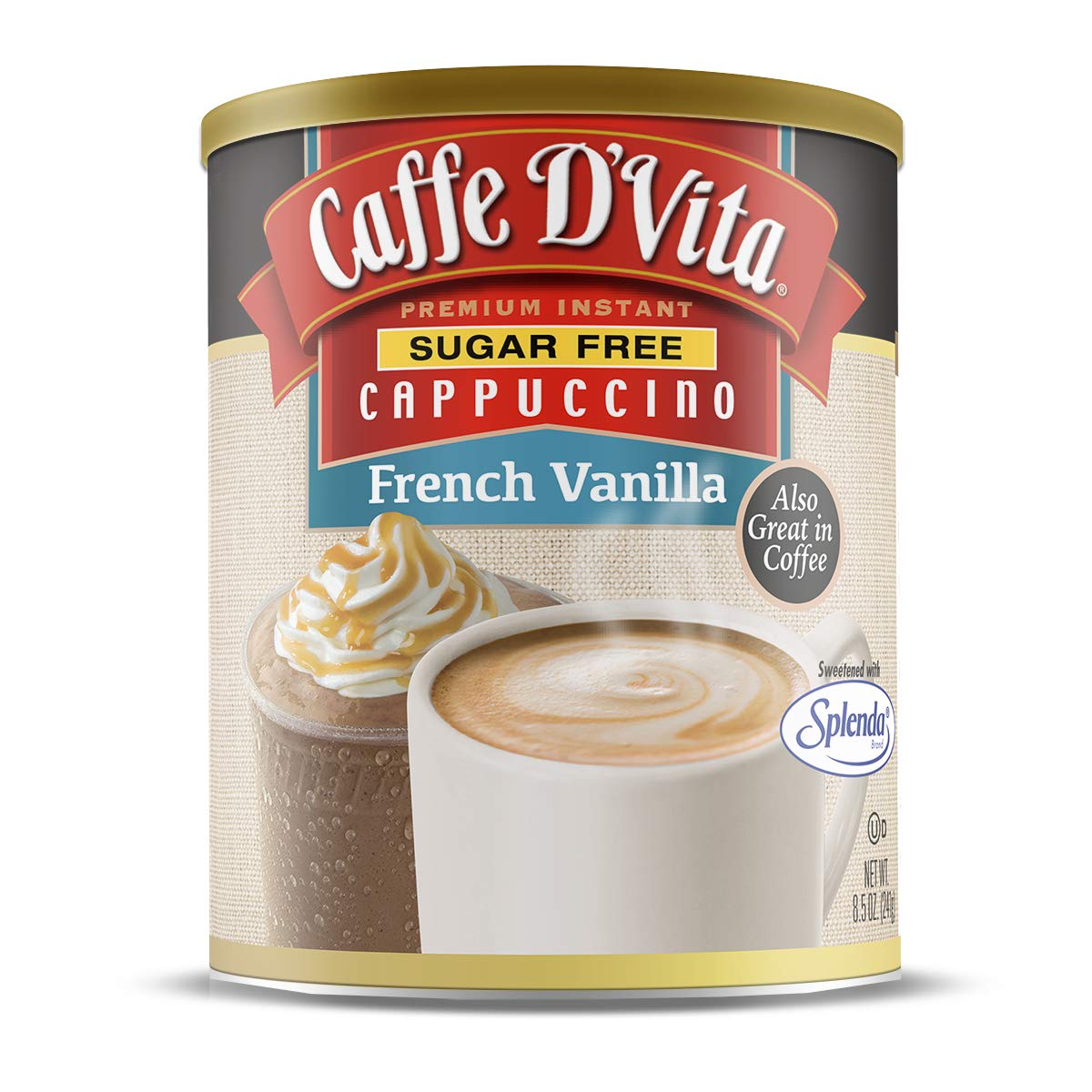 Caffe D'Vita can front label showing product branding and flavor benefits