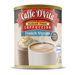 Caffe D'Vita can front label showing product branding and flavor benefits