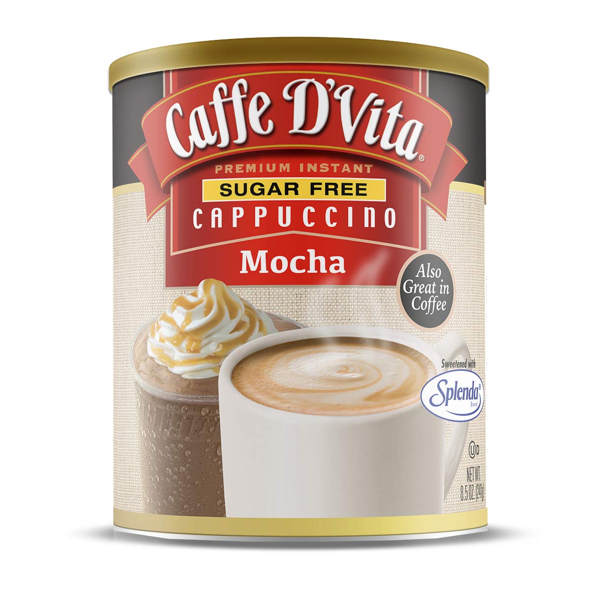 Caffe D'Vita can front view showing label and convenient resealable lid benefits