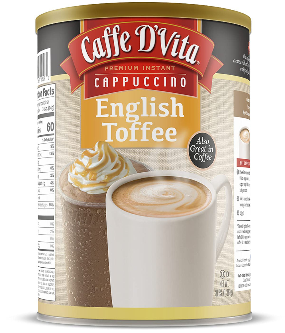 Caffe D'Vita front view of 3 lb can showing product label and serving suggestion