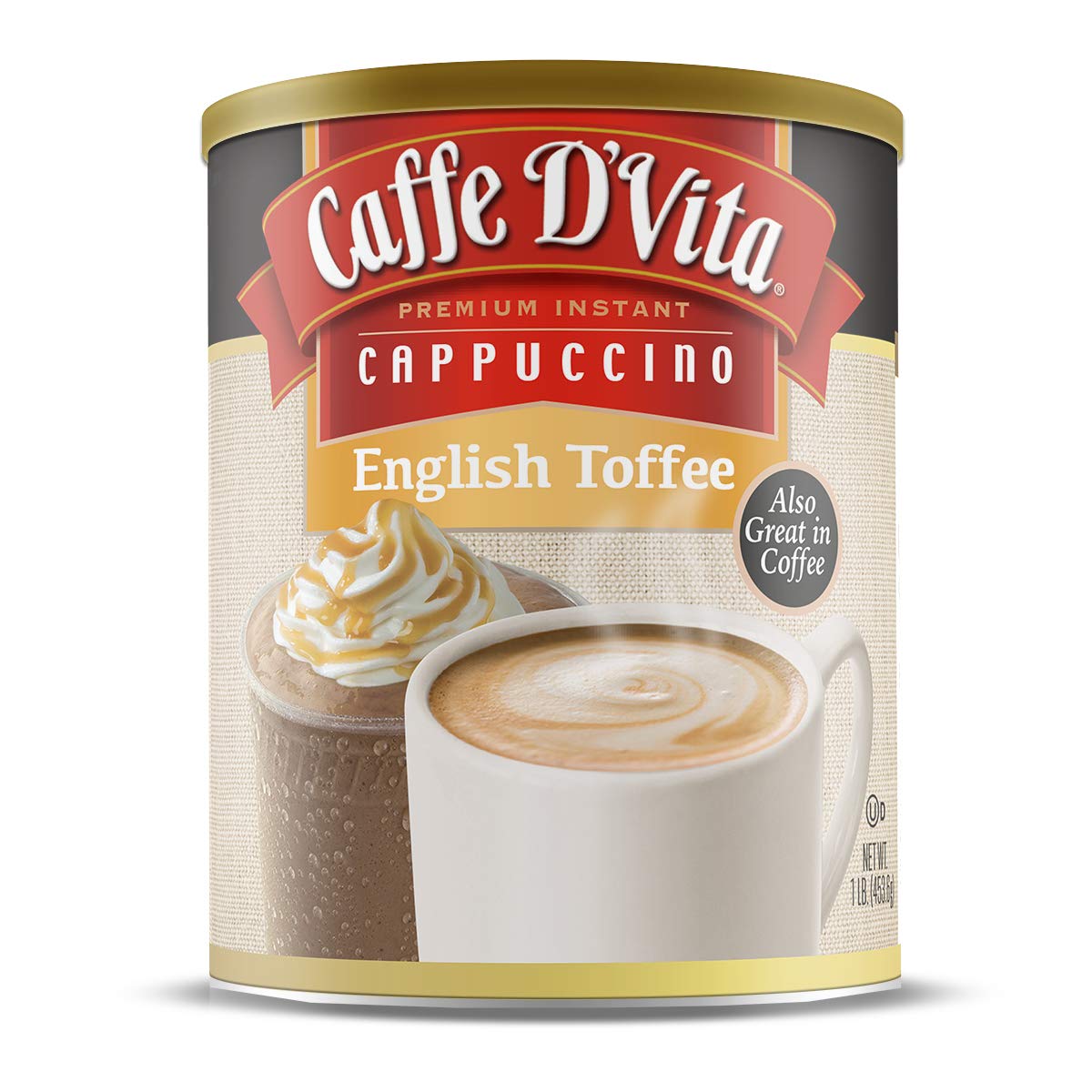 Caffe D'Vita can front showing label and 1 lb size, highlights convenience