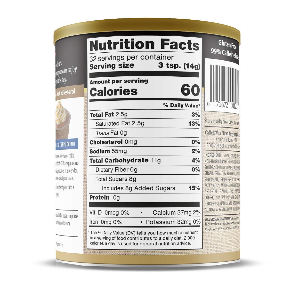 Caffe D'Vita can next to measuring spoon and cup for serving size clarity