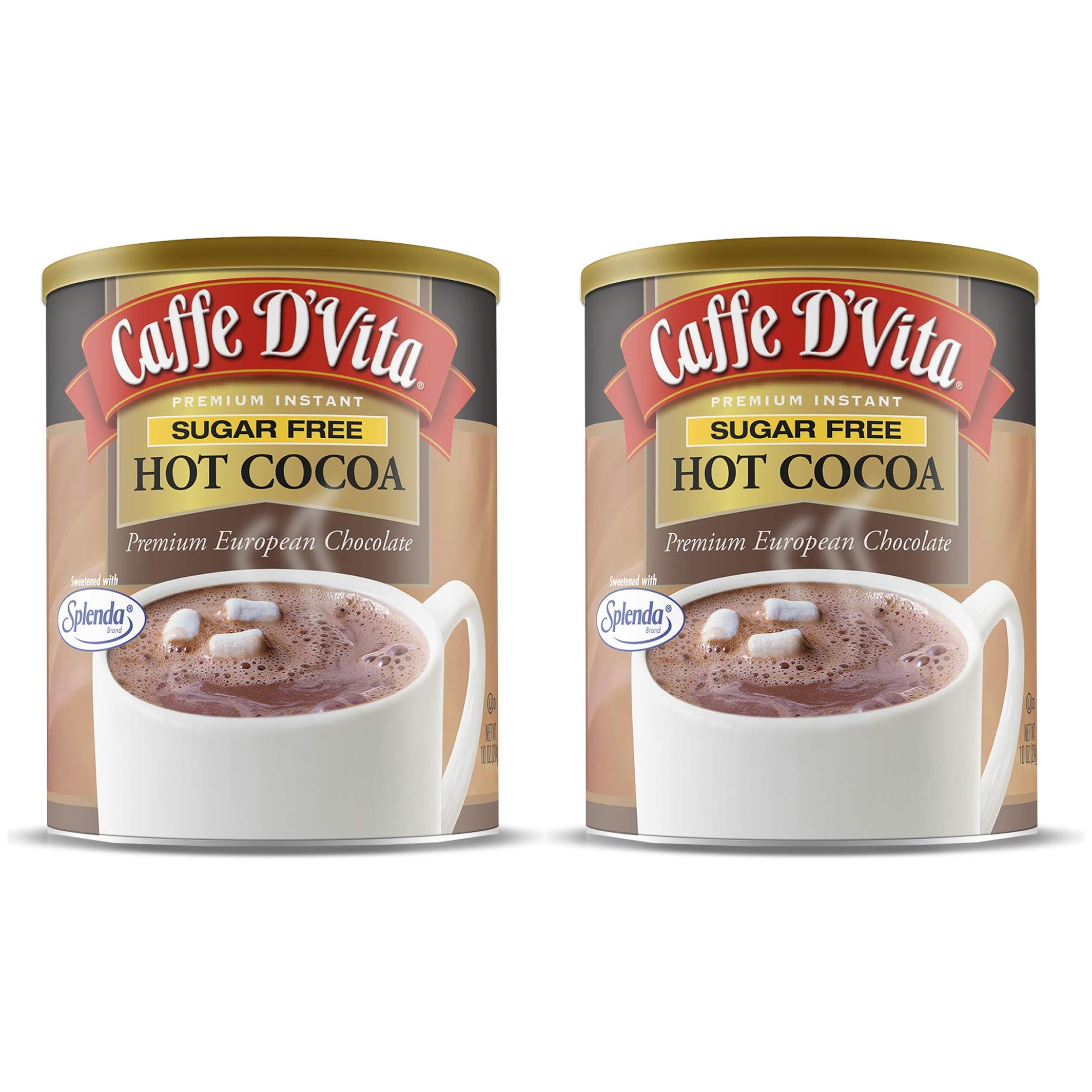 Caffe D'Vita front can showing sugar free cocoa and pack details benefiting storage