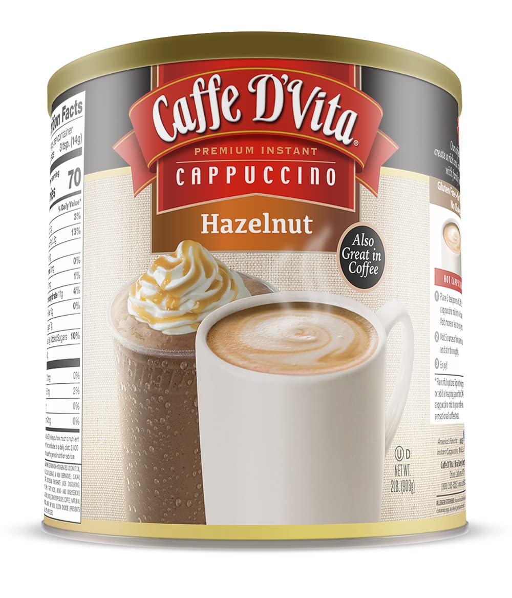 Caffe D'Vita front view of 2 lb can shows packaging and servings benefit