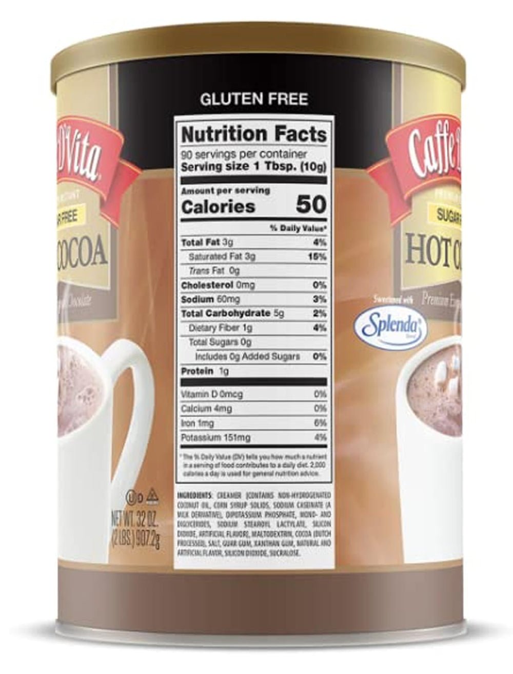 Caffe D'Vita label close-up highlighting sugar-free and gluten-free benefit