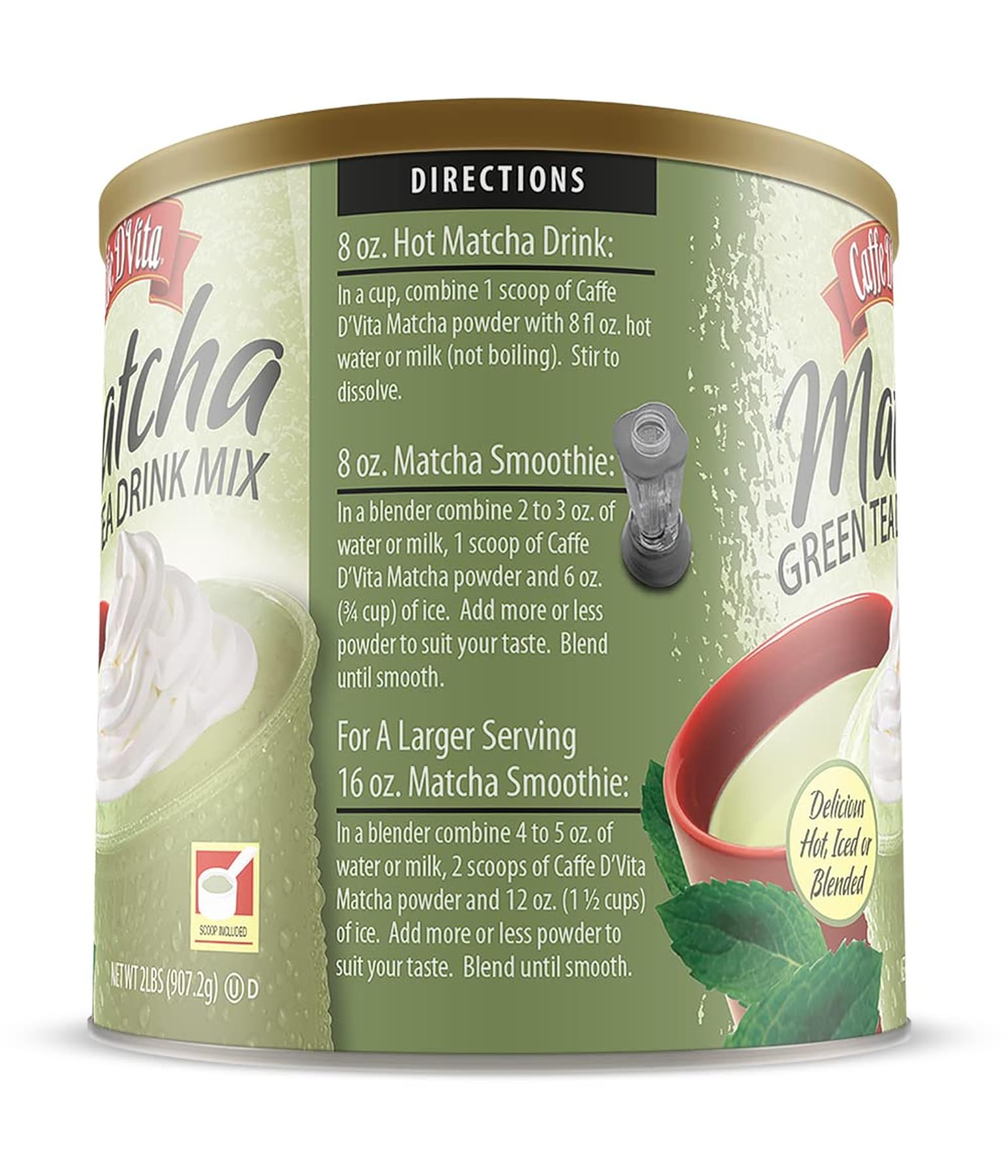 Caffe D'Vita can beside measuring cup showing 2 lb scale and servings