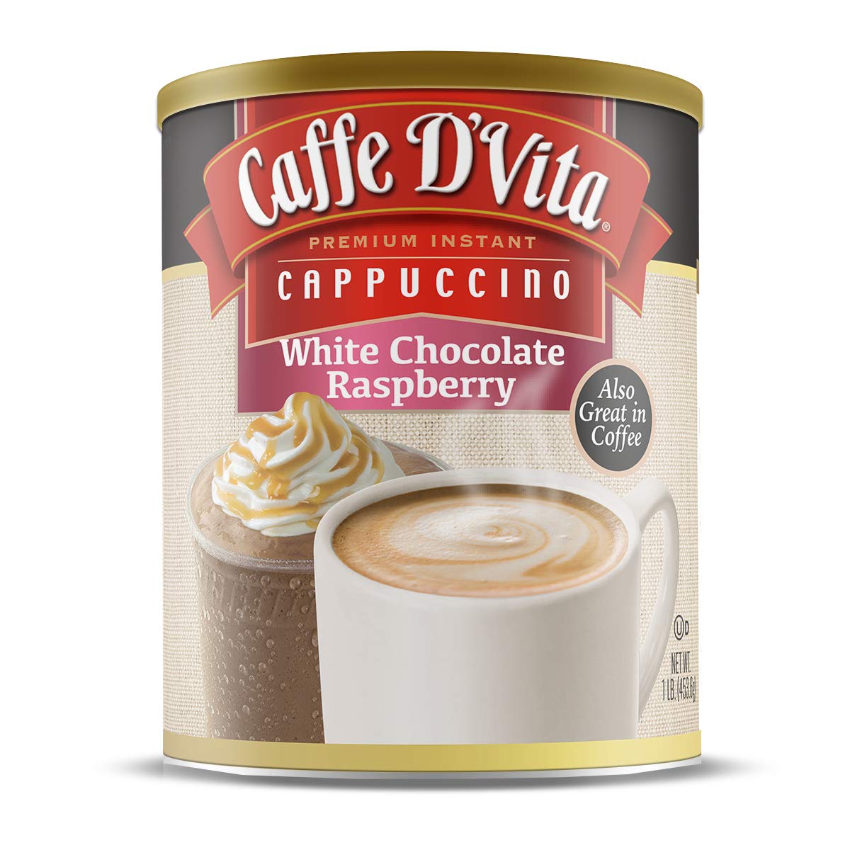 Caffe D'Vita front can view showing brand and flavor for easy identification and shelf appeal