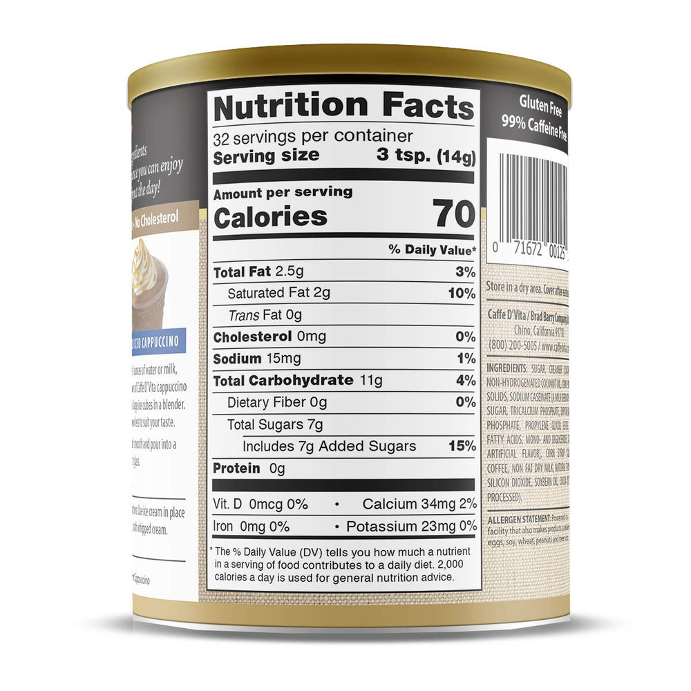 Caffe D'Vita can beside measuring spoon showing 16 oz size and serving guidance