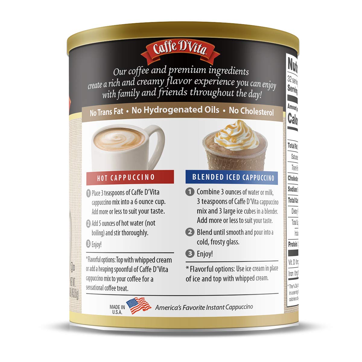 Caffe D'Vita cappuccino in cup with whipped cream showing ready-to-drink indulgent enjoyment
