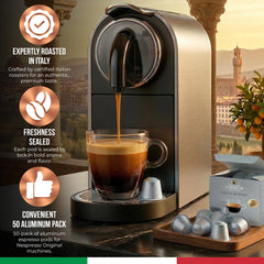 Caffè Garibaldi capsule inserted in Nespresso machine demonstrating compatibility