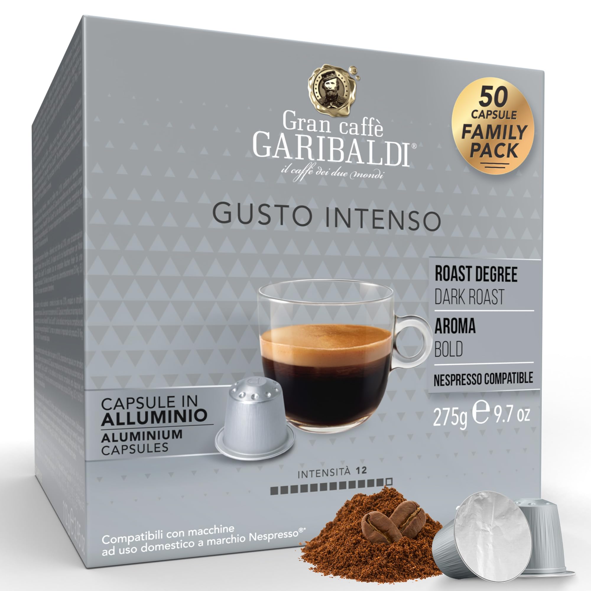 Caffè Garibaldi front packaging showing 50-count bold espresso pods for convenience