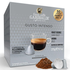 Caffè Garibaldi front packaging showing 50-count bold espresso pods for convenience