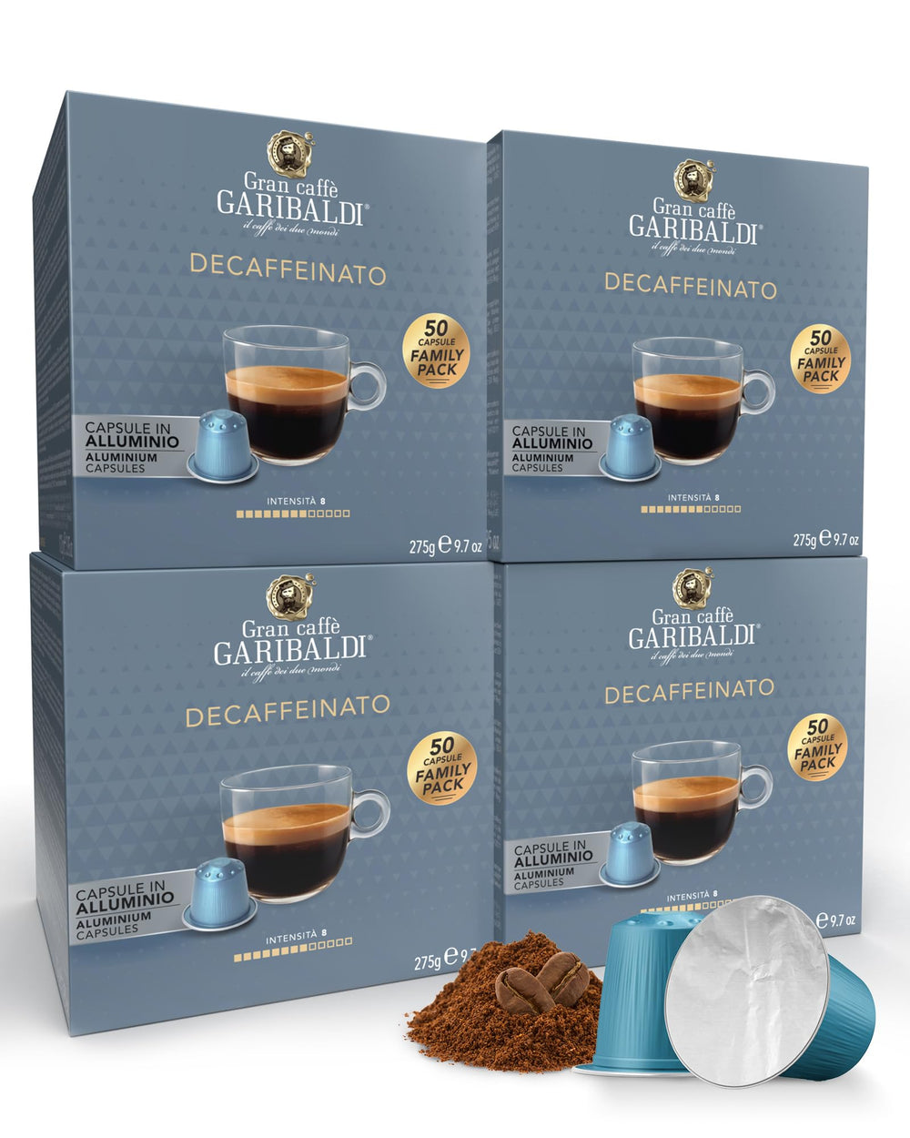 Caffè Garibaldi front packaging showing 200-count decaf pods and benefits