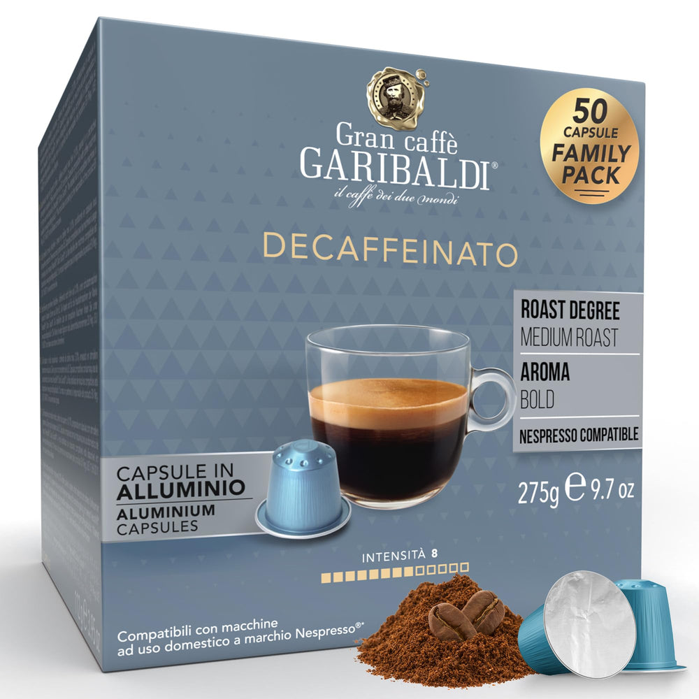 Caffè Garibaldi front packaging showing 50-count pods and brand benefit of rich decaf flavour