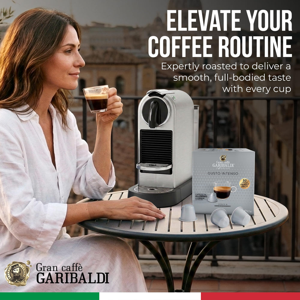 Caffè Garibaldi open box with capsules spread illustrating quantity and presentation