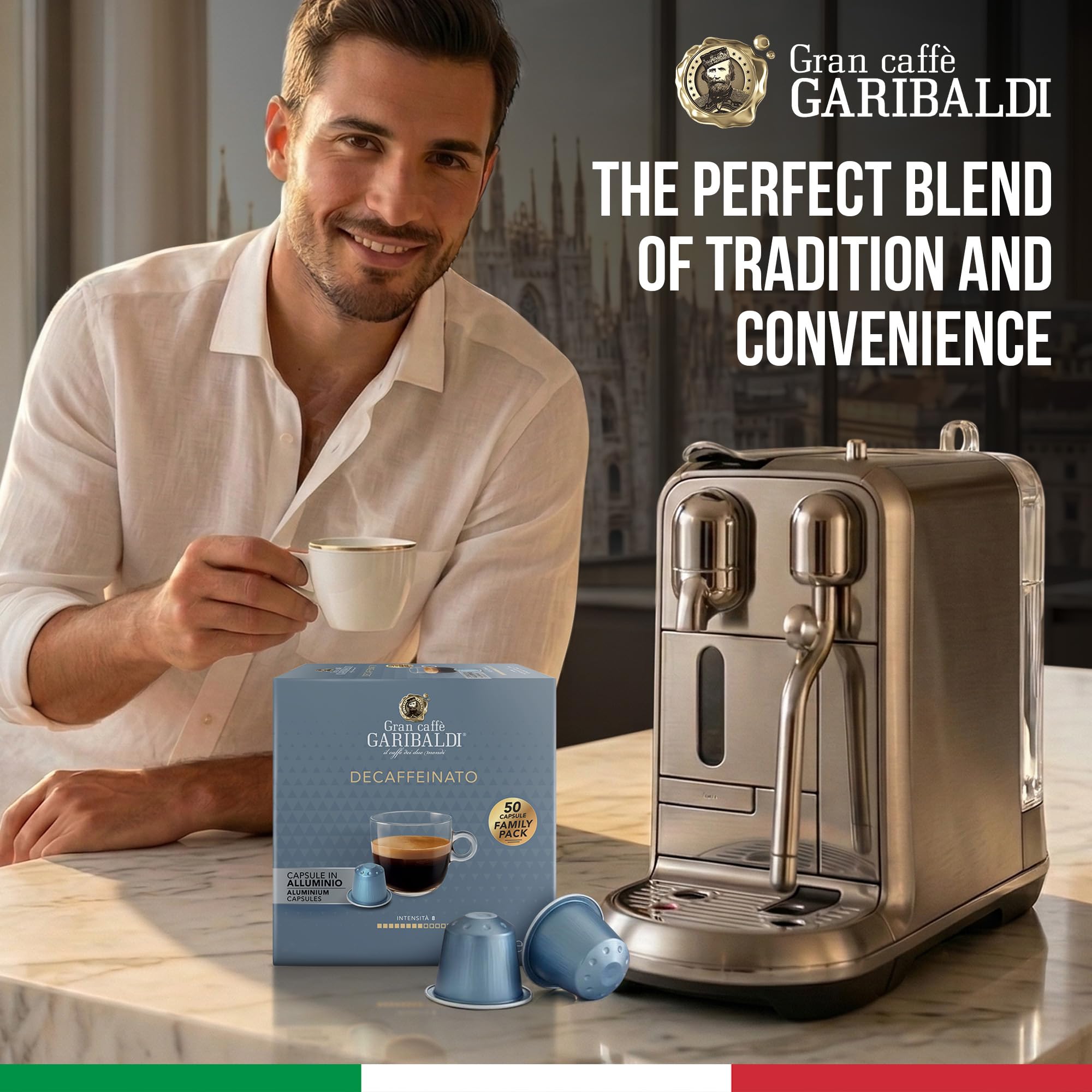 Caffè Garibaldi box beside a hand for size comparison and pack value