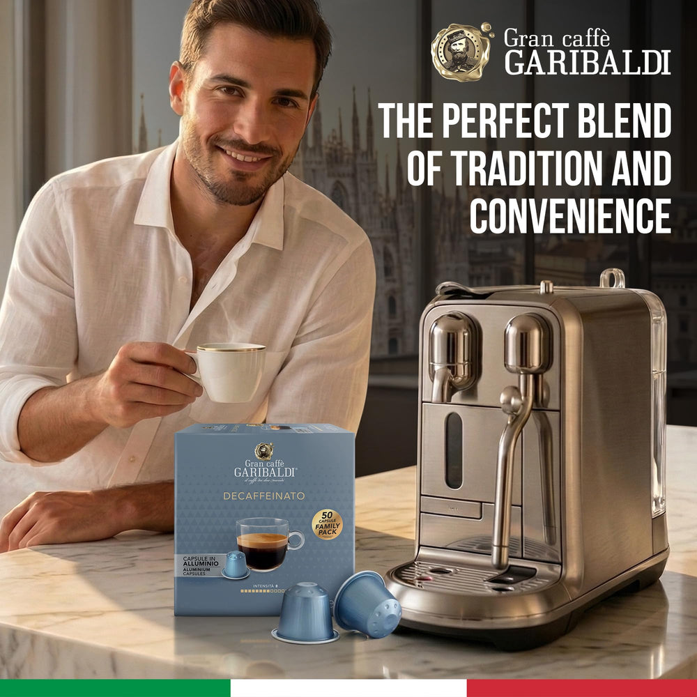 Caffè Garibaldi box beside a hand for size comparison and pack value