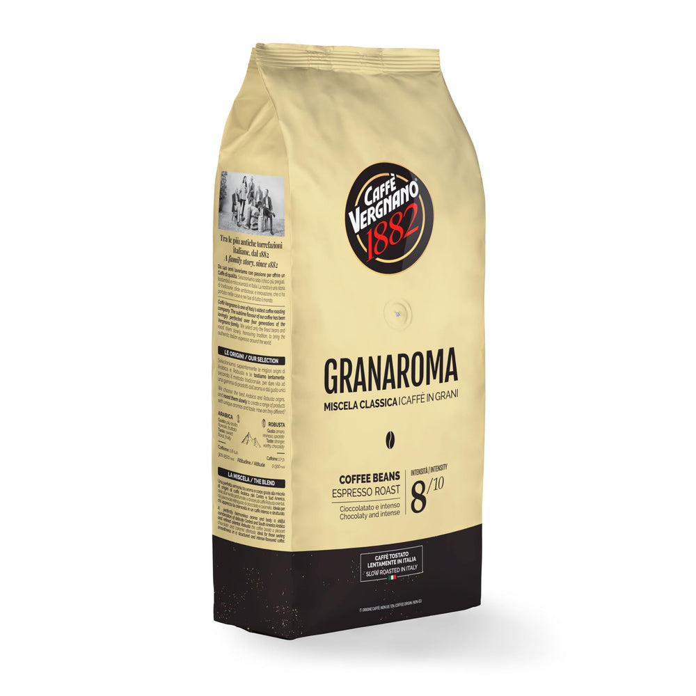 Caffe' Vergnano 1882 front packaging showing bag and intensity, rich aroma benefit