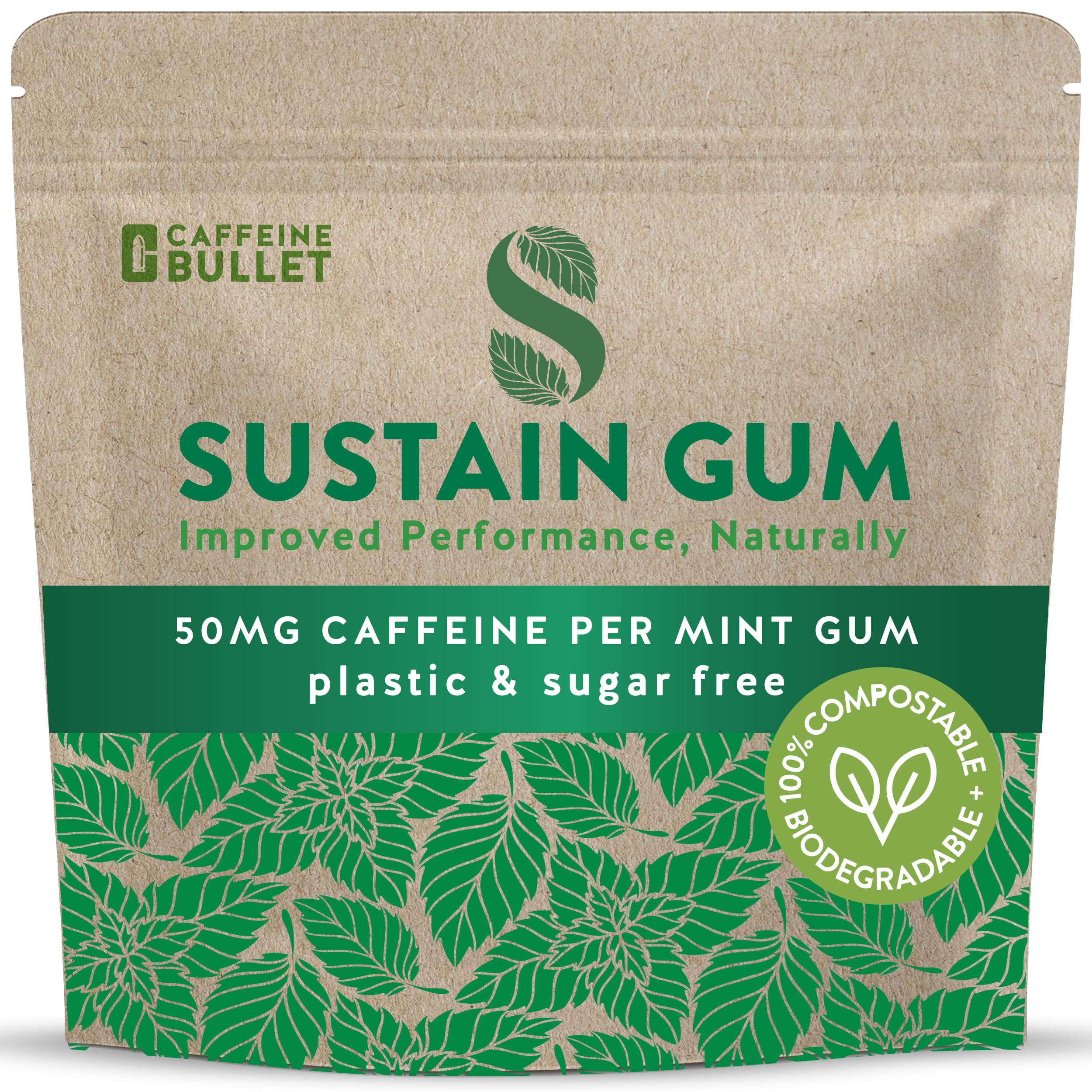 Caffeine Bullet front packaging showing compostable pack and 72-piece count benefit
