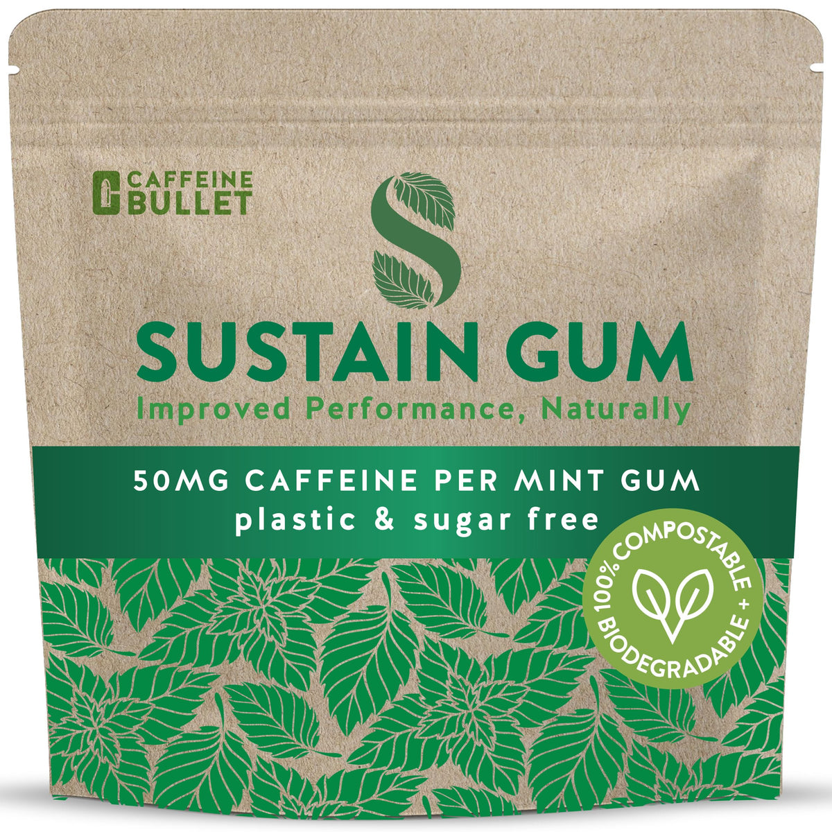 Caffeine Bullet front packaging showing compostable pack and 72-piece count benefit
