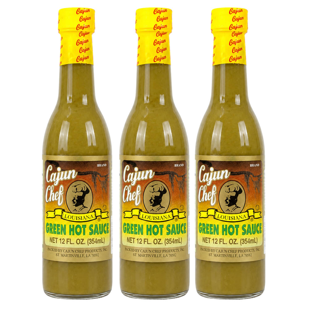 Cajun Chef front packaging showing three 12 oz bottles and bright green sauce, flavorful convenience
