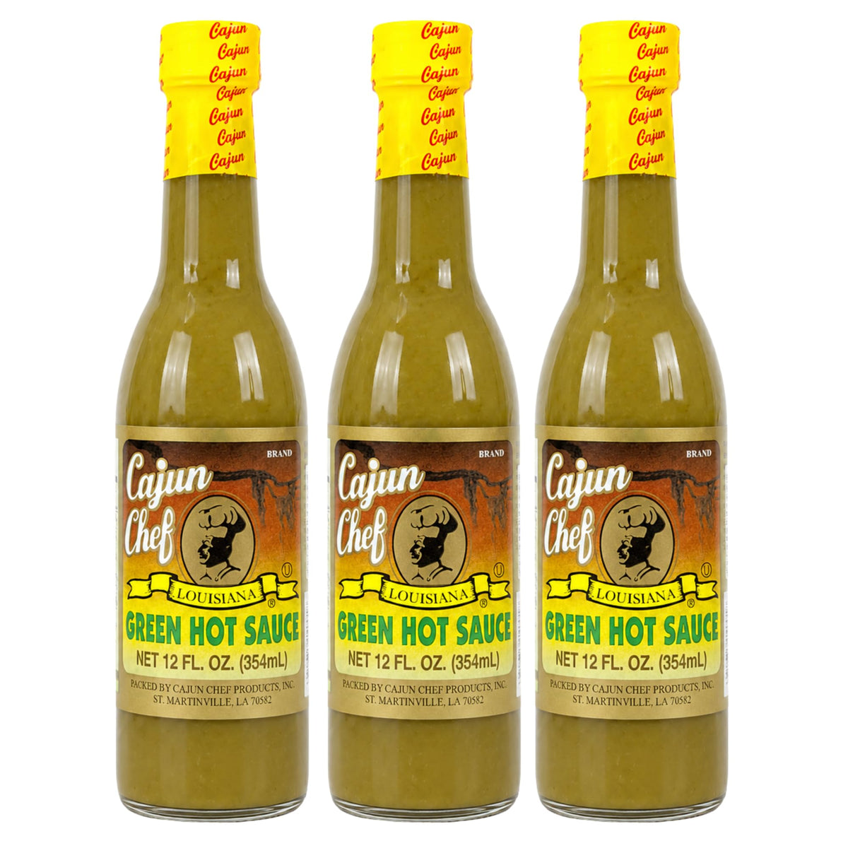 Cajun Chef front packaging showing three 12 oz bottles and bright green sauce, flavorful convenience