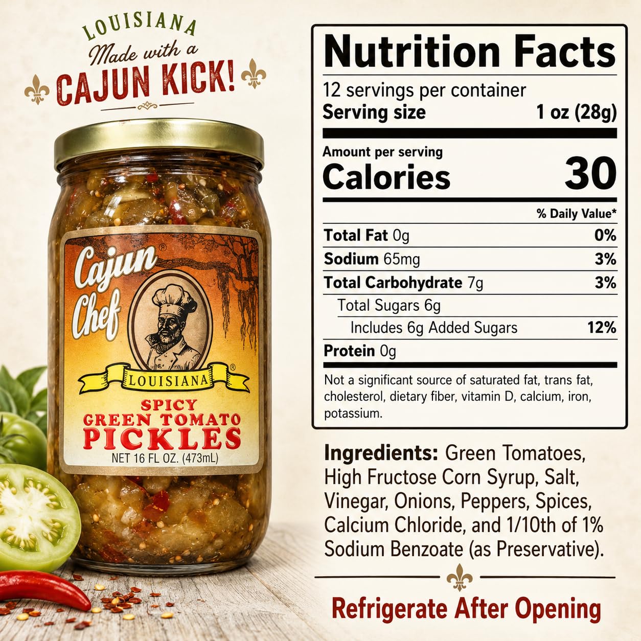 Cajun Chef jar open with pickled green tomatoes offering ready-to-serve convenience