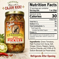 Cajun Chef jar open with pickled green tomatoes offering ready-to-serve convenience