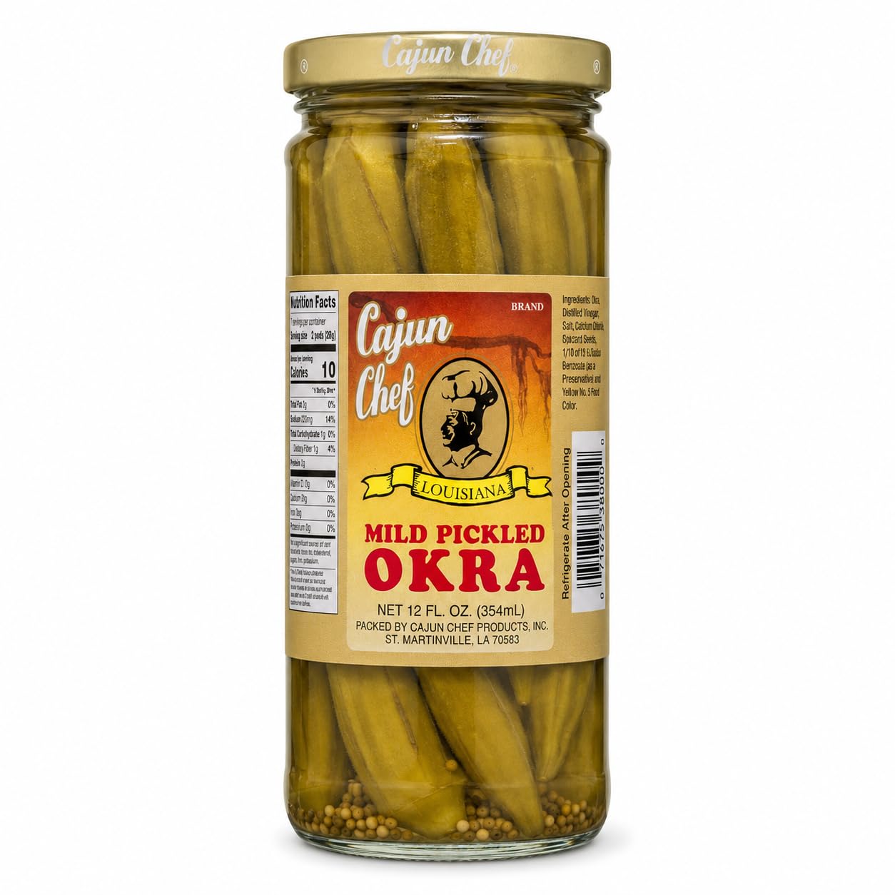 Cajun Chef open jar top view displaying intact pods and ready-to-serve freshness